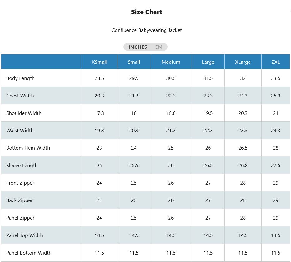 Wewildy Confluence Jacket Size Chart Babywearing Jacket Size Chart
